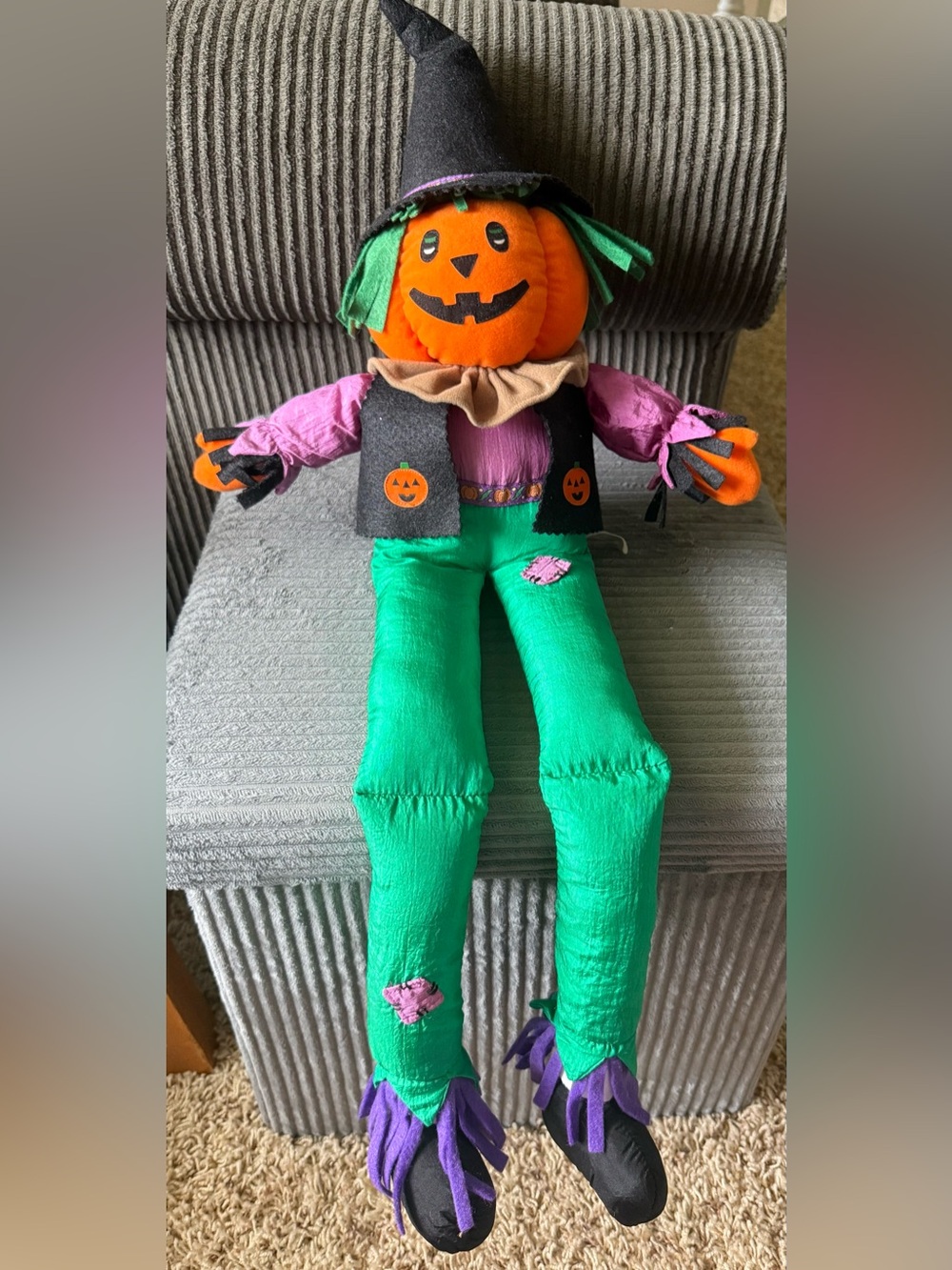 VTG Halloween Jack-o-Lantern Green Puffy Nylon Stuffed Plush Long Legs Sitter